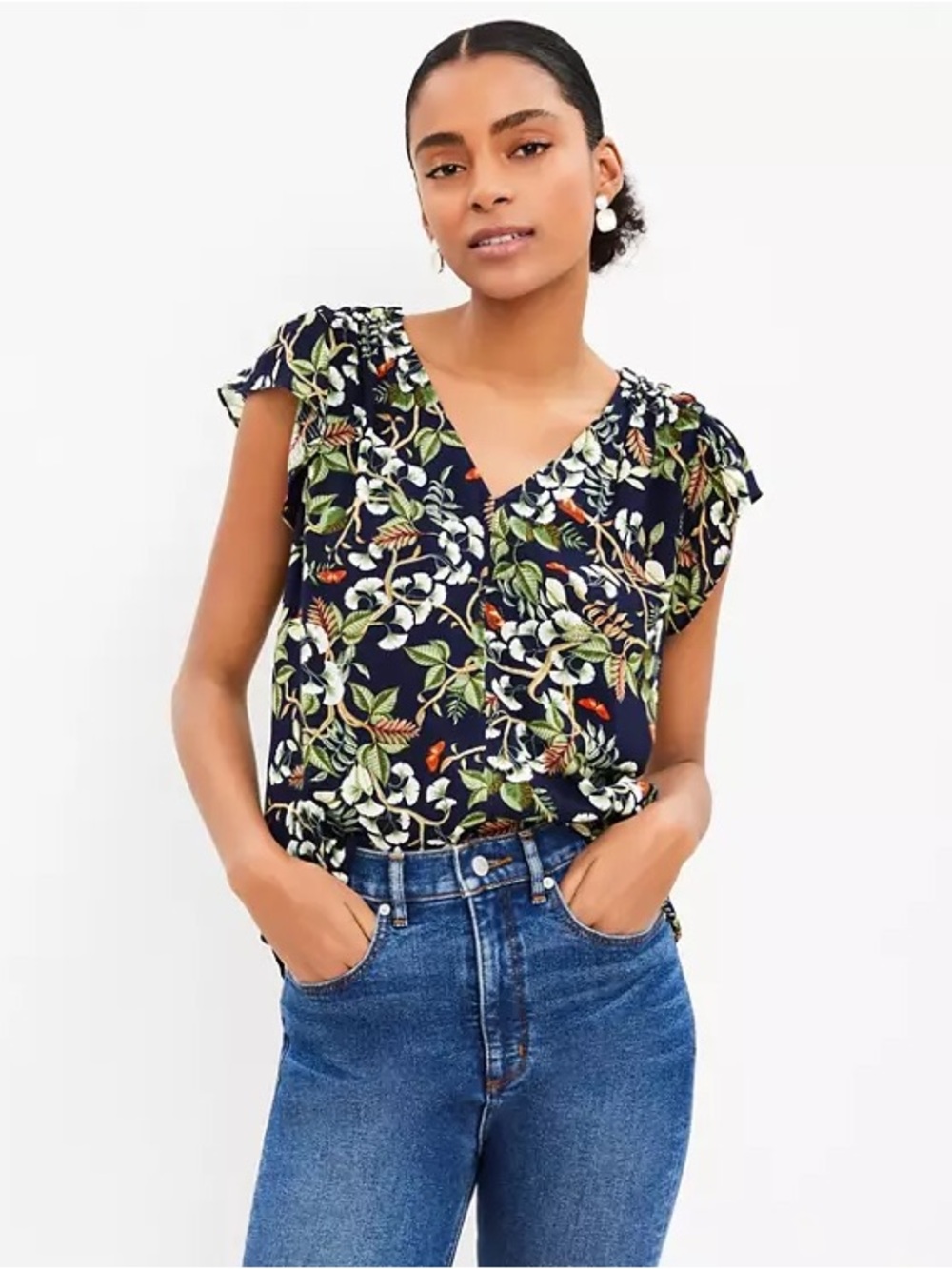 NWT Ann Taylor LOFT Leafed Smocked Shoulder Flutter Sleeve Top